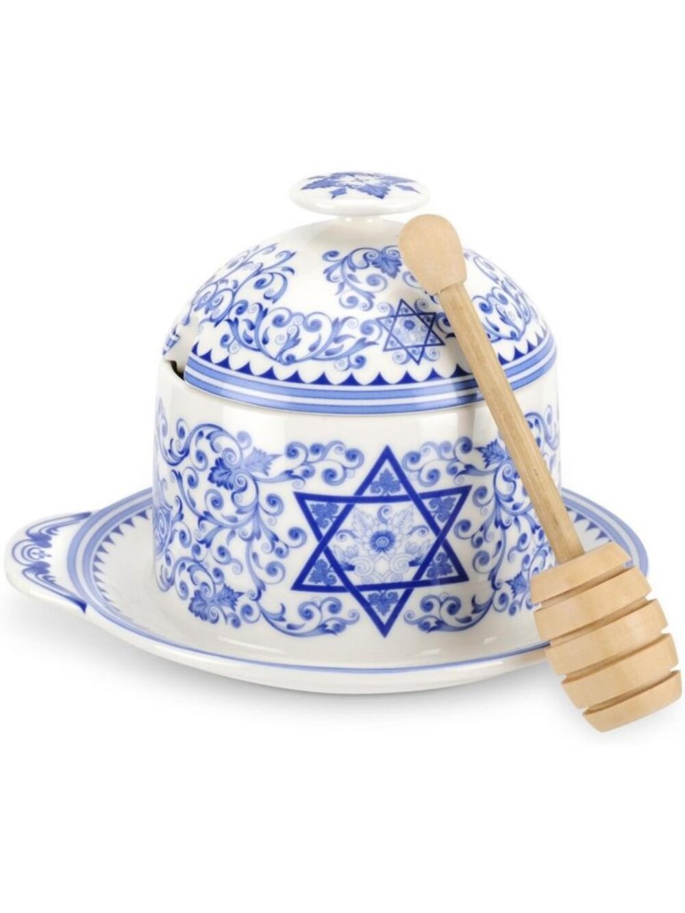 Blue & White Porcelain Honey Pot with Drizzler - Rosh Hashanah Table Decor, 10.5